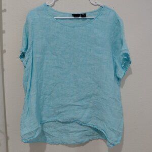 Tahari Aqua Blue Linen 1X Top Blouse Boxy Scoop Neck Short Sleeve